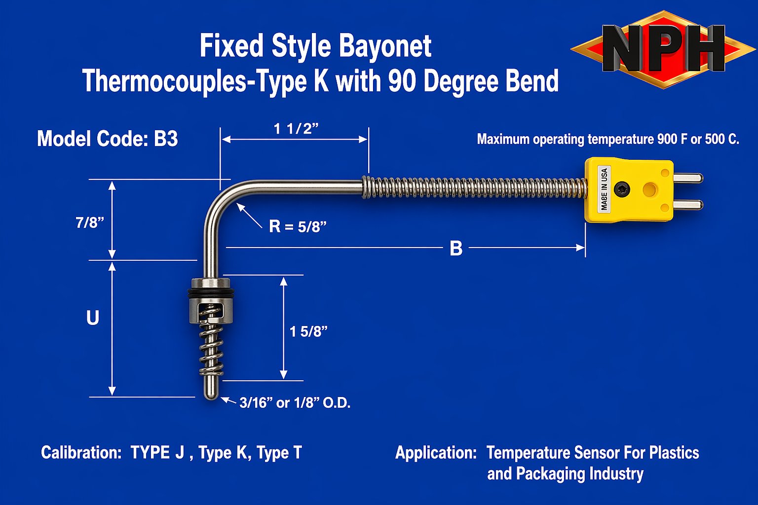 NPH Fixed Bayonet Style Thermocouple. 90 Bend-B3